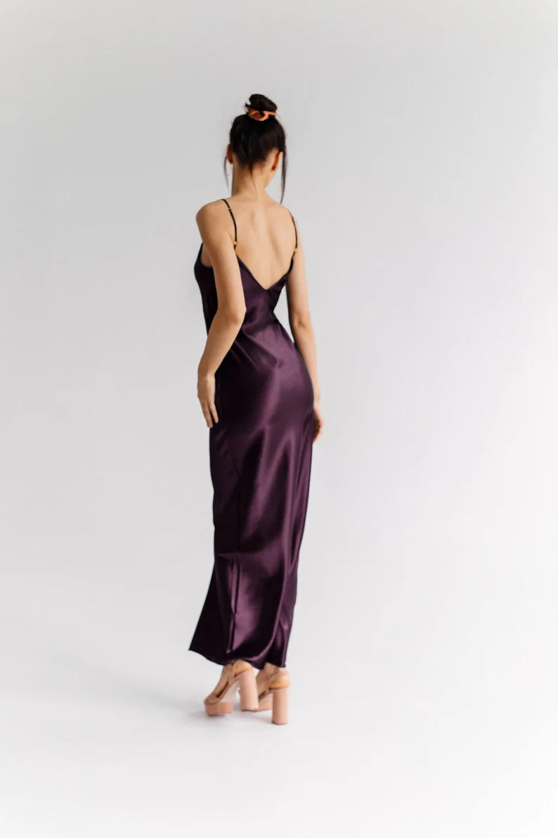 Buyishang Low back Plum silk slip midi dress Silk slip trends dress bridesmaid style dress bias slip prom dress date dress midi slip dress purple